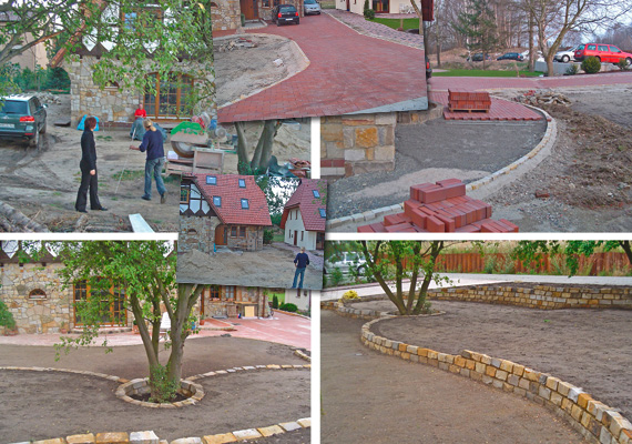 Auffahrt und Terrasse aus Pflasterklinker<br />Einfassung und Mauer aus Sandstein