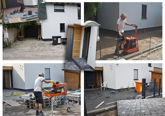Auffahrt aus Betonpflaster im wilden Verband<br />Treppenpodest aus Betonpalisaden